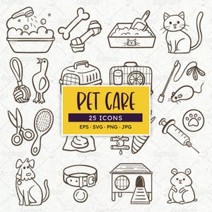 Pet Care Icons: Hand-Drawn Domestic Animal and Accessories (EPS, SVG, PNG)