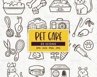 Icone per la cura degli animali domestici: animali domestici e accessori disegnati a mano (EPS, SVG, PNG)