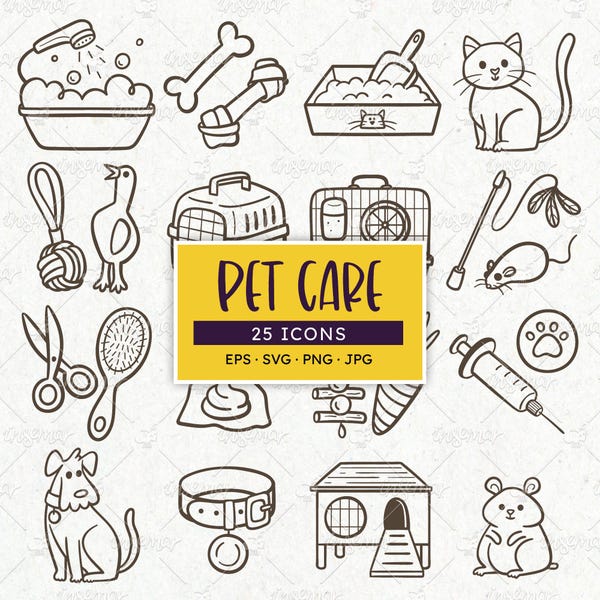 Íconos de cuidado de mascotas: Animales domésticos y accesorios dibujados a mano (EPS, SVG, PNG)