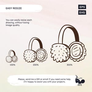 May include: Three illustrations of earmuffs in different sizes, showing how easily the image can be resized without losing quality. The earmuffs are brown with a white fuzzy lining. The text "100%", "200%", and "300%" is below each earmuff.
