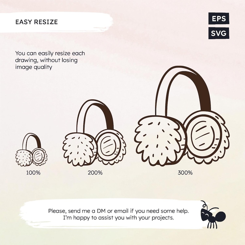 May include: Three illustrations of earmuffs in different sizes, showing how easily the image can be resized without losing quality. The earmuffs are brown with a white fuzzy lining. The text "100%", "200%", and "300%" is below each earmuff.