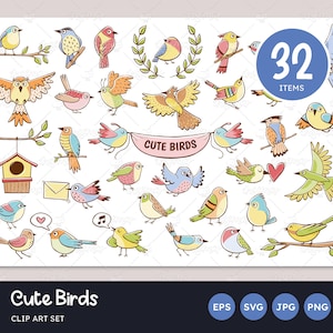 Bird Clip Arts, Cute Birds Illustrations, Little Bird Cliparts, Lovely Birds in different poses and situations, Vector EPS, SVG files, PNG