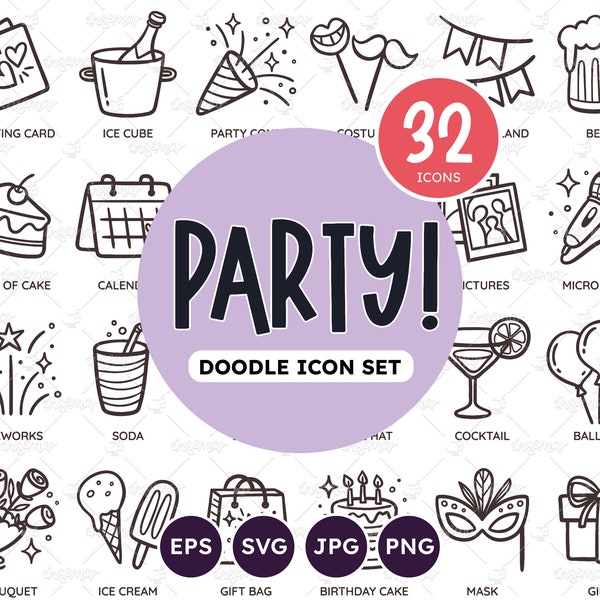 Party Doodle Icons, Birthday Party Clipart Collection, Happy Birthday Icons, Celebration Icons, SVG, EPS, Transparent PNG