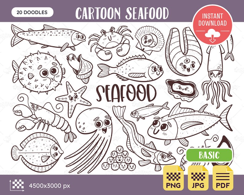 Seafood Doodle Clipart Set Cute Seafood Collection Cartoon Etsy