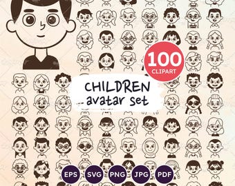 Collection of Cute Cartoon Kids Avatars PNG Clipart. Children's Faces ...