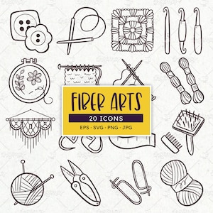 Icone di Fiber Art: uncinetto, maglia, macramè, ricamo. SVG, EPS, PNG