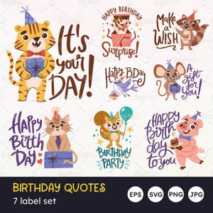 Frases de feliz cumpleaños, conjunto de animales adorables, decoración para fiestas, regalo de cumpleaños infantil, ilustración de saludo, vectores EPS, SVG, PNG