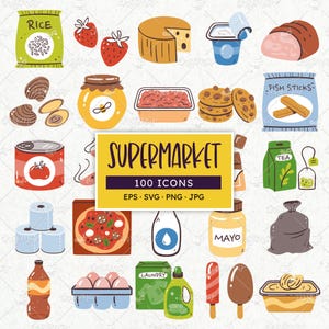 Supermarket Icons: Hand Drawn Groceries and Household Goods. EPS, SVG, PNG