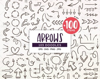 Pode incluir: Uma coleção de 103 rabiscos de setas desenhadas à mão em vários estilos, incluindo designs curvos, retos e circulares. A imagem apresenta um fundo branco com setas pretas e um círculo vermelho com o texto "+100 ITEMS". A palavra "ARROWS" é exibida em um retângulo branco.