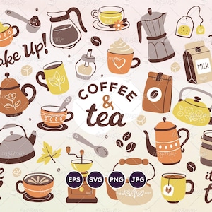 Imágenes prediseñadas de café y té: tazas, teteras, fondo de cafetería, letras de café, amantes del café, imágenes prediseñadas decorativas, PNG transparente, EPS, SVG