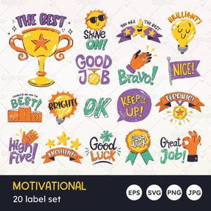Ensemble d'étiquettes motivantes, citations de récompense dessinées à la main, bon travail, vous êtes le meilleur, continuez comme ça, bonne chance, médaille, vecteur EPS, SVG, PNG transparent