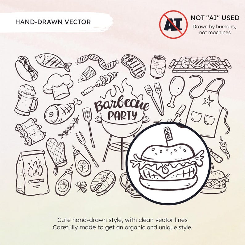 Barbecue Party Doodle Clipart, Line Art BBQ Grill Items. Vector Eps ...