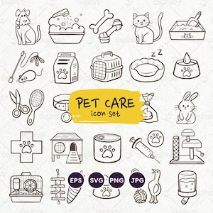 Haustierpflege-Symbole, Haustier-Icon-Set, Tierarzt, Pflege, Tierfutter, Haustierspielzeug, Alltag, EPS, SVG, bearbeitbarer Vektor, transparenter PNG