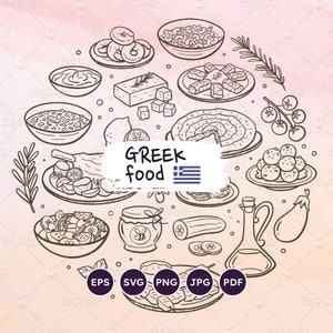 Grieks eten iconen, typisch Grieks eten en ingrediënten. SVG-vectorkrabbels. Restaurantmenu clipart. Griekenland keuken illustratie. EPS, png.