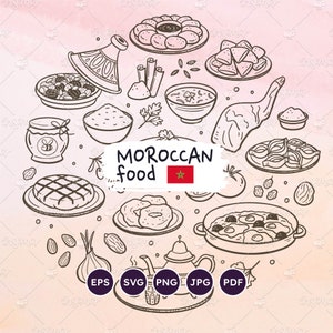 Clipart de cuisine marocaine, 20 icônes de griffonnage dessinées à la main de plats et d'ingrédients marocains traditionnels, parfaits pour les projets culinaires. Fichiers vectoriels.