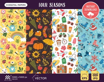 Seasonal Digital Papers, Seamless Digital Paper Set, Four Seasons: Spring, Summer, Autumn, Winter. 8 Repeat Pattern Collection. EPS, JPG