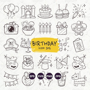 Anniversaire Doodle icônes, 25 icônes vectorielles mignonnes pour les essentiels de fête d'anniversaire, fichiers : PNG SVG EPS, cadeau de célébration d'anniversaire parfait