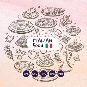 Italiaans eten iconen. Typisch Italiaans eten en ingrediënten. SVG-vectorkrabbels. Restaurantmenu clipart. Italiaanse keukenillustratie. EPS, png.