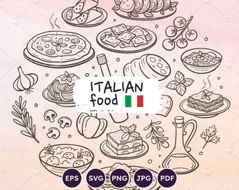 Italian Food Icons. Typical Italian Food & Ingredients. SVG vector doodles. Restaurant Menu Clipart. Italian Cuisine Illustration. EPS, PNG.