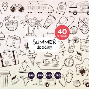 Letnie Doodle Cliparts, Holidays Doodles, PNG transparent, SVG files, Travel Icon Set, Summer Trip, Vacation Time Clip Arts, Season Cliparts