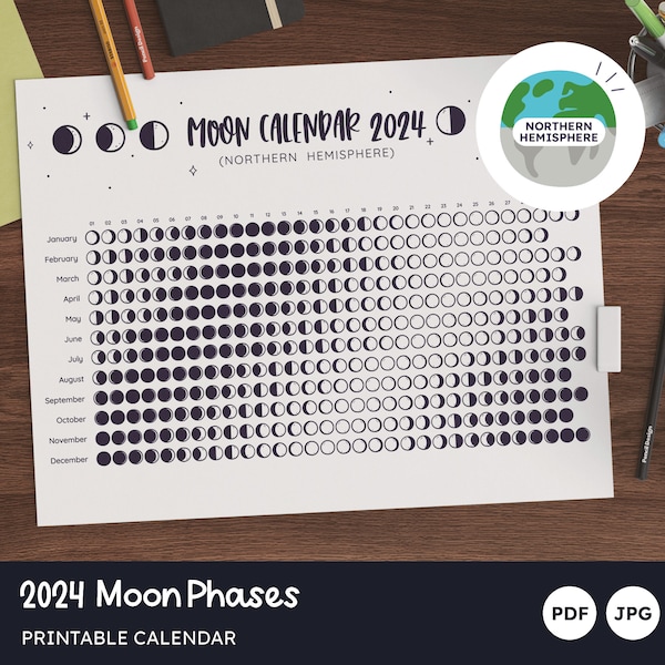 Moon Calendar 2024, Printable Lunar Calendar, Moon Phases Northern Hemisphere, One Year Sheet, Tabloid, Din A3, Letter, Din A4, PDF, JPG