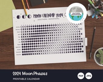 Moon Calendar 2024, Printable Lunar Calendar, Moon Phases Southern Hemisphere, One Year Sheet, Tabloid, Din A3, Letter, Din A4, PDF, JPG