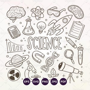 Puede incluir: Ilustración en blanco y negro de objetos relacionados con la ciencia. Incluye un cerebro, átomo, gafas, cohete, portapapeles, calculadora, matraz, bombilla, gráfico, planeta, imán, hebra de ADN, lápiz, lupa, tubo de ensayo, microscopio, telescopio y la palabra "SCIENCE".
