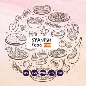 Ícones de comida espanhola. Comida e ingredientes típicos da Espanha. Rabiscos vetoriais SVG. Clipart de menu de restaurante. Ilustração de culinária espanhola. EPS, PNG.