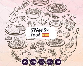 Spanisches Essen Doodle Icons: Typisch spanisches Essen & Zutaten (EPS, SVG, PNG) Digital Download