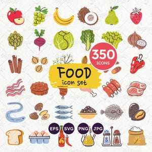 Ícones de comida SVG, ingredientes de cozinha, ícones de receitas, frutas, vegetais, cereais, carne, frutos do mar, ervas, cogumelos, legumes, laticínios, massas, nozes
