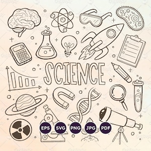 Conjunto de doodles de ciencias: Asignatura escolar. 20 elementos relacionados con la clase de ciencias. Fondos de doodle. Vectores EPS, SVG, PNG transparente.