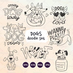 Conjunto de garabatos para amantes de los perros, perros divertidos dibujados a mano, dibujo de perrito lindo, etiquetas de perros, ilustración de mascotas, vectores EPS, SVG, PNG transparente.