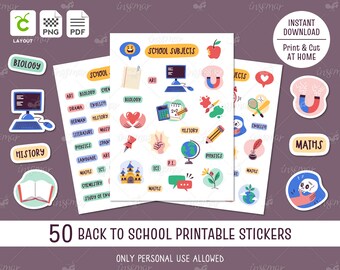 School subjects stickers, printable stickers, cricut layout, student stickers, back to school, notebook, timetable, home printing