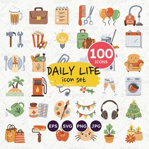 Ensemble d'icônes de tous les jours, 100 icônes de la vie quotidienne, icônes de planificateur quotidien, clipart tâches à faire, tâches quotidiennes, icônes de bien-être et de soins quotidiens, vecteur SVG, PNG