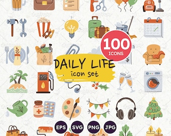 Daily Life Icon Set, 100 Everyday Icons, Daily Planner Icons, To-Do Clip Art, Daily Chores, Wellness and Daily Care Icons, Vector SVG, PNG