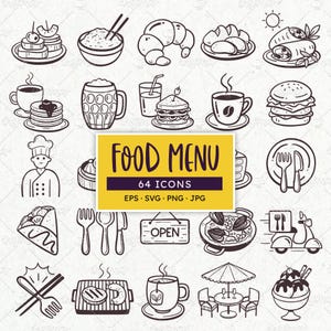Iconos de comida: Menús de restaurante, comidas y bebidas, iconos de entrega (EPS, SVG, PNG)