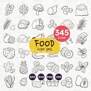 Icone di scarabocchi alimentari, ingredienti per cucinare, lista della spesa, frutta, verdura, carne, frutti di mare, erbe aromatiche, funghi, latticini, pasta, file SVG