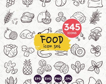 Food Doodle Icons: 345 Cooking Ingredients, Fruits, Veggies (SVG, PNG, EPS) Digital Download
