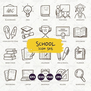Conjunto de ícones de escola, ícones de escola Doodle, arte de linha de volta às aulas, formatura, ícones de aprendizagem, arquivos EPS, SVG, vetor editável, PNG transparente