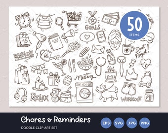 Daily Routines Doodle Set, Reminders Clip Arts, Calendar Ideas, To-Do, Daily Chores, SVG files, Bullet Journal, Transparent PNG, Vector EPS