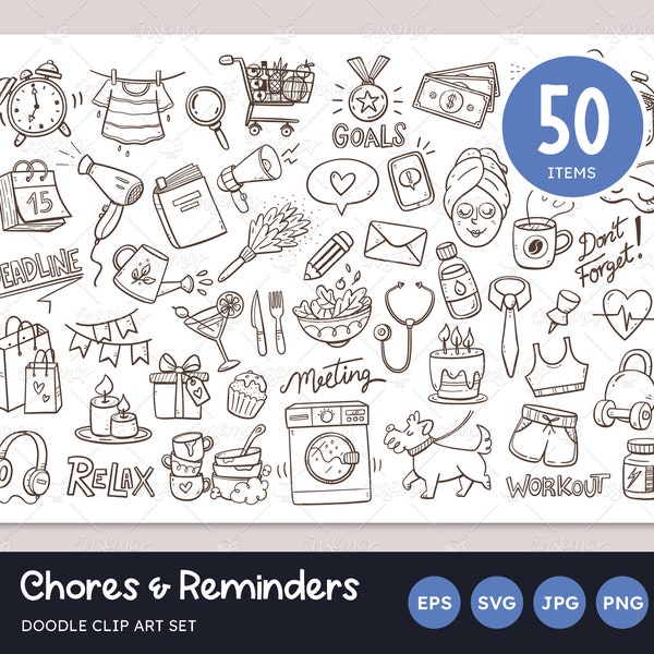 Daily Routines Doodle Set, Reminders Clip Arts, Calendar Ideas, To-Do, Daily Chores, SVG files, Bullet Journal, Transparent PNG, Vector EPS