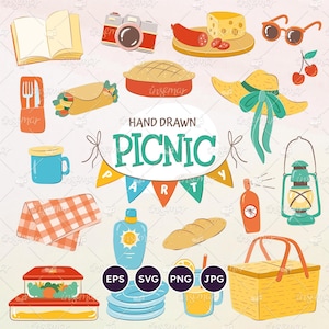Picnic Party Clip Art, Picnic Essential Kit, Picnic Meal, Bullet Journal Items, Outdoor icons, Transparent PNG, SVG files, Vector EPS