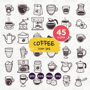 Conjunto de iconos de café. Tipos de café y cafeteras. Café arábico, café robusta. Estilo doodle. PNG transparente, EPS vectorial, SVG. 45 iconos.