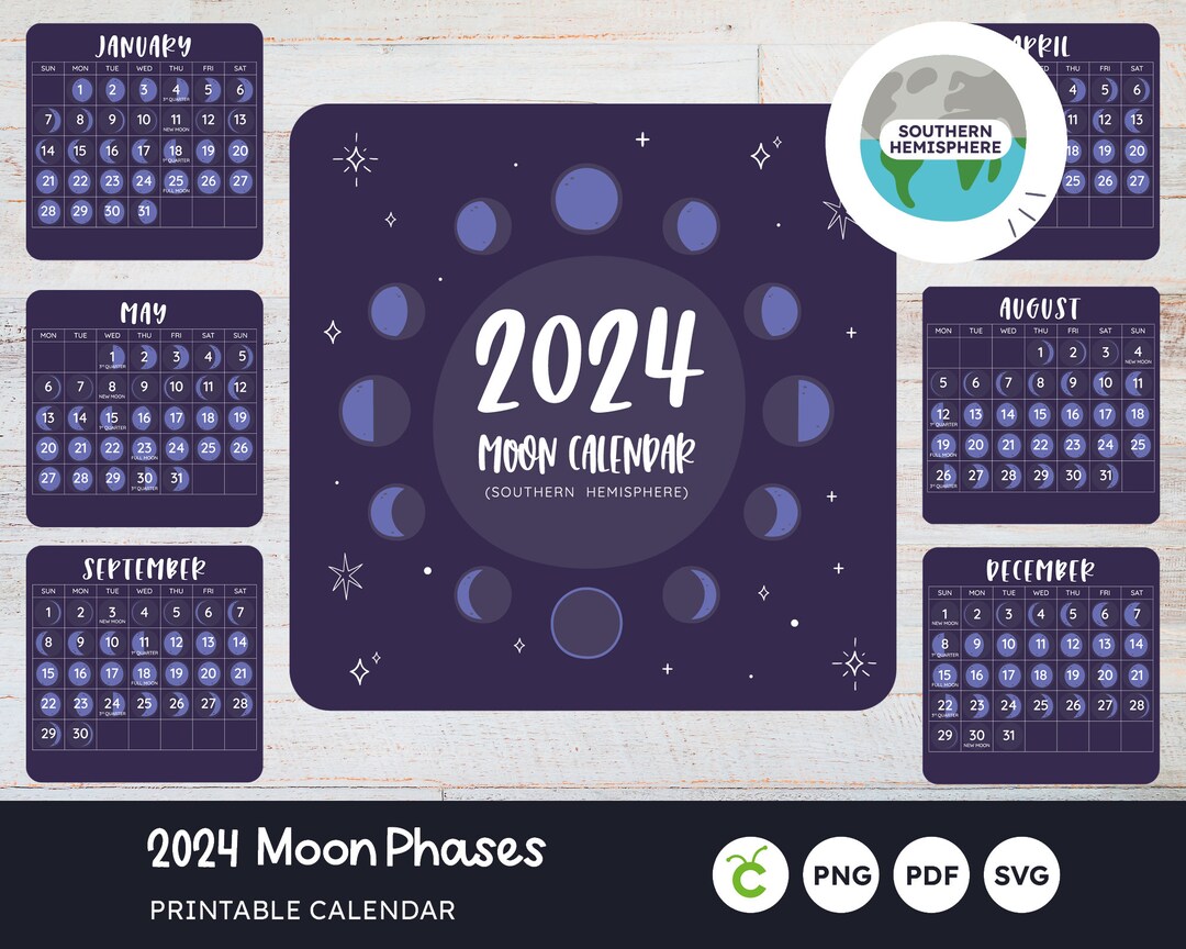 2024 Lunar Calendar Printable, Moon Phases Southern Hemisphere, 1 Month
