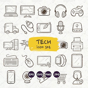 Conjunto de iconos de tecnología, icono de computadora, arte lineal, tienda de tecnología, icono de soporte, icono de entrega, archivos EPS, SVG, vector editable, PNG transparente