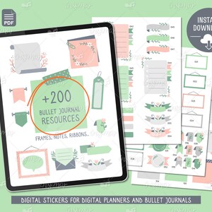 Digital Planner Stickers: Decorative Notes, Frames, Ribbons (PNG, PDF)