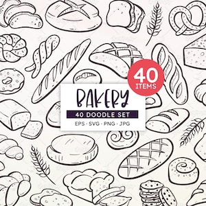 Bakery Doodle Set: Baked Goods Clip Art. Bread, Baguette, Pretzel (EPS, SVG, PNG)
