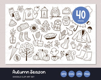 Autumn Doodle Clip-Art Set, Fall Season Doodles, Cute Autumn Elements, Fall Autumn Illustration, Vector EPS, Transparent PNG, SVG files