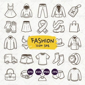 Icone di abbigliamento e moda, 25 icone vettoriali disegnate a mano per negozi online, boutique, marketing, vendite e uso promozionale. EPS, SVG e PNG.