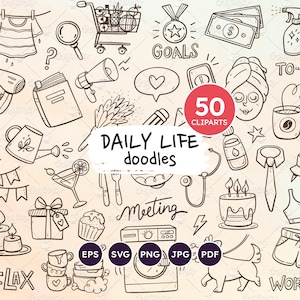Ensemble de doodle routines quotidiennes, clipart rappels, idées de calendrier, tâches, tâches quotidiennes, fichiers SVG, Bullet Journal, PNG transparent, vecteur EPS